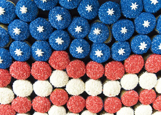 Red, White, and Blue cupcakes in the shape of an American Flag.