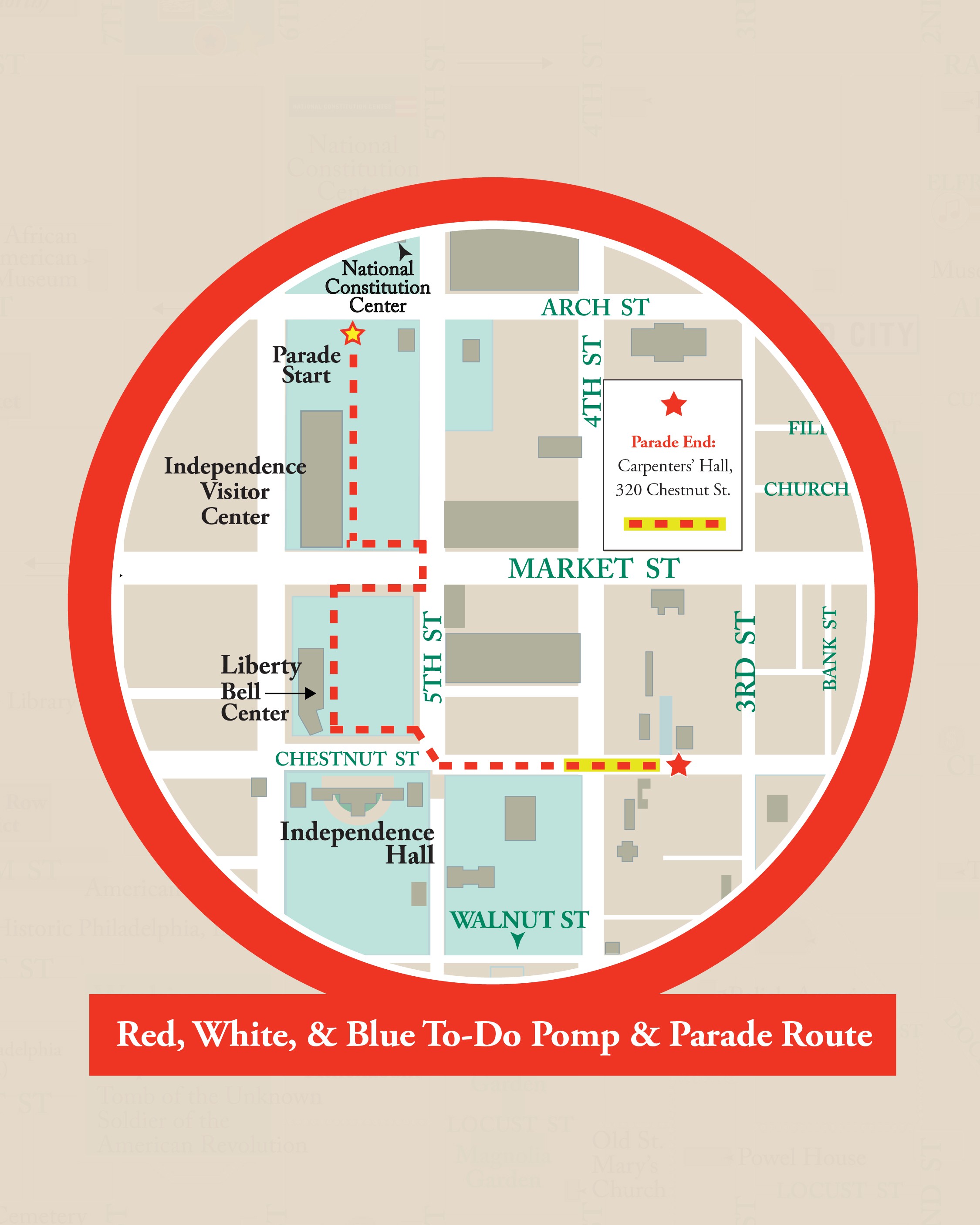 Parade Route starting at the National Constitution Center and ending at Carpenter's Hall