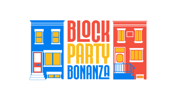the words block party bonanza framed by rowhomes