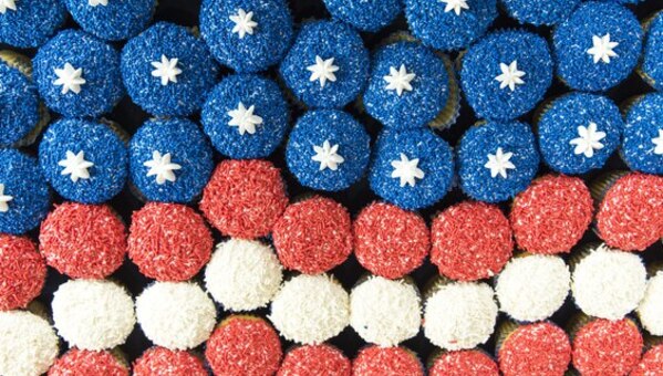 red, white, and blue cupcakes in the shape of an American flag. 