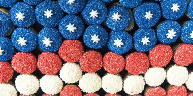 Red, White, and Blue cupcakes in the shape of an American Flag.