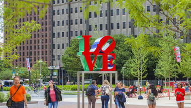 People standing at LOVE Park.