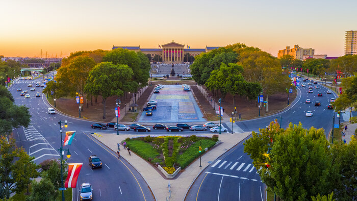 Photo of Benjamin Franklin Parkway at sunset. 