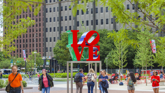 People standing at LOVE Park.
